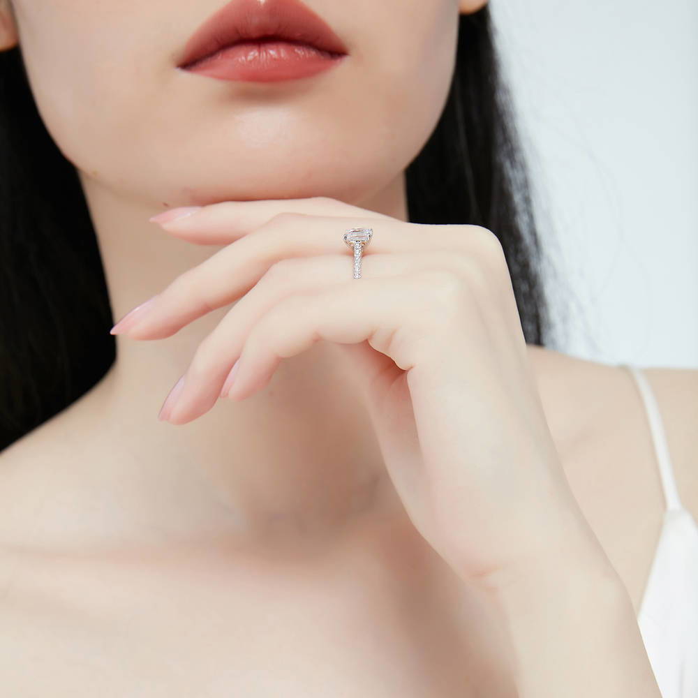Model wearing Solitaire 2ct Cushion CZ Ring in Sterling Silver