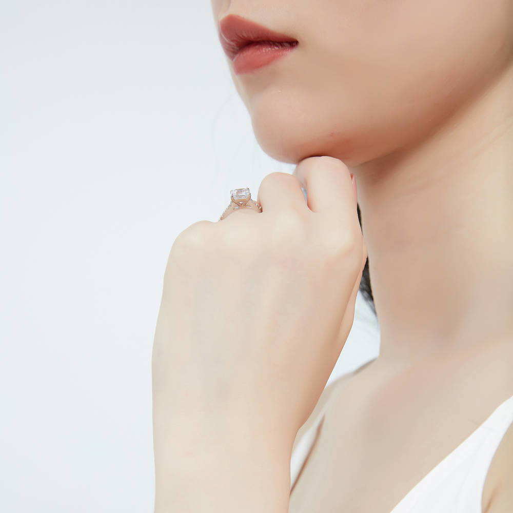 Model wearing Solitaire 2ct Cushion CZ Ring Set in Sterling Silver, 9 of 14