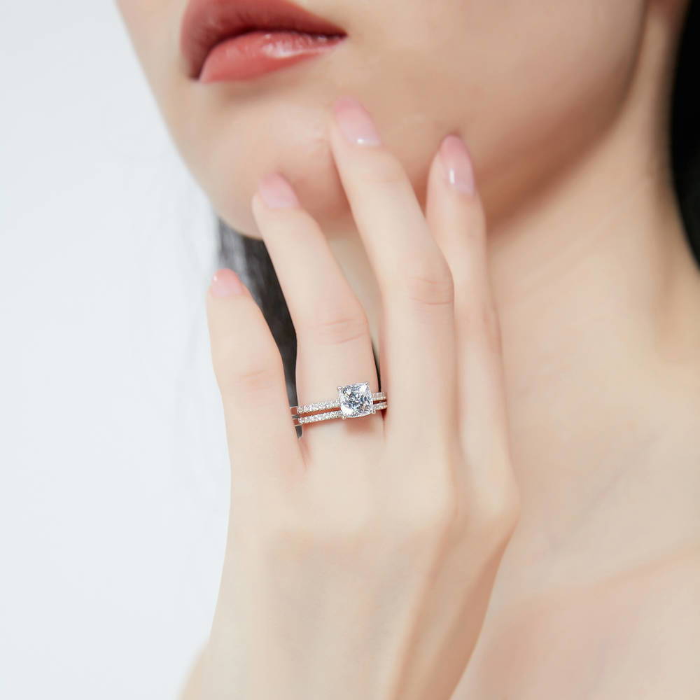 Model wearing Solitaire 2ct Cushion CZ Ring Set in Sterling Silver