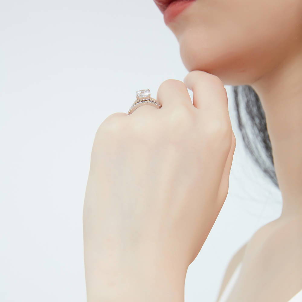 Model wearing Solitaire 2ct Cushion CZ Ring Set in Sterling Silver