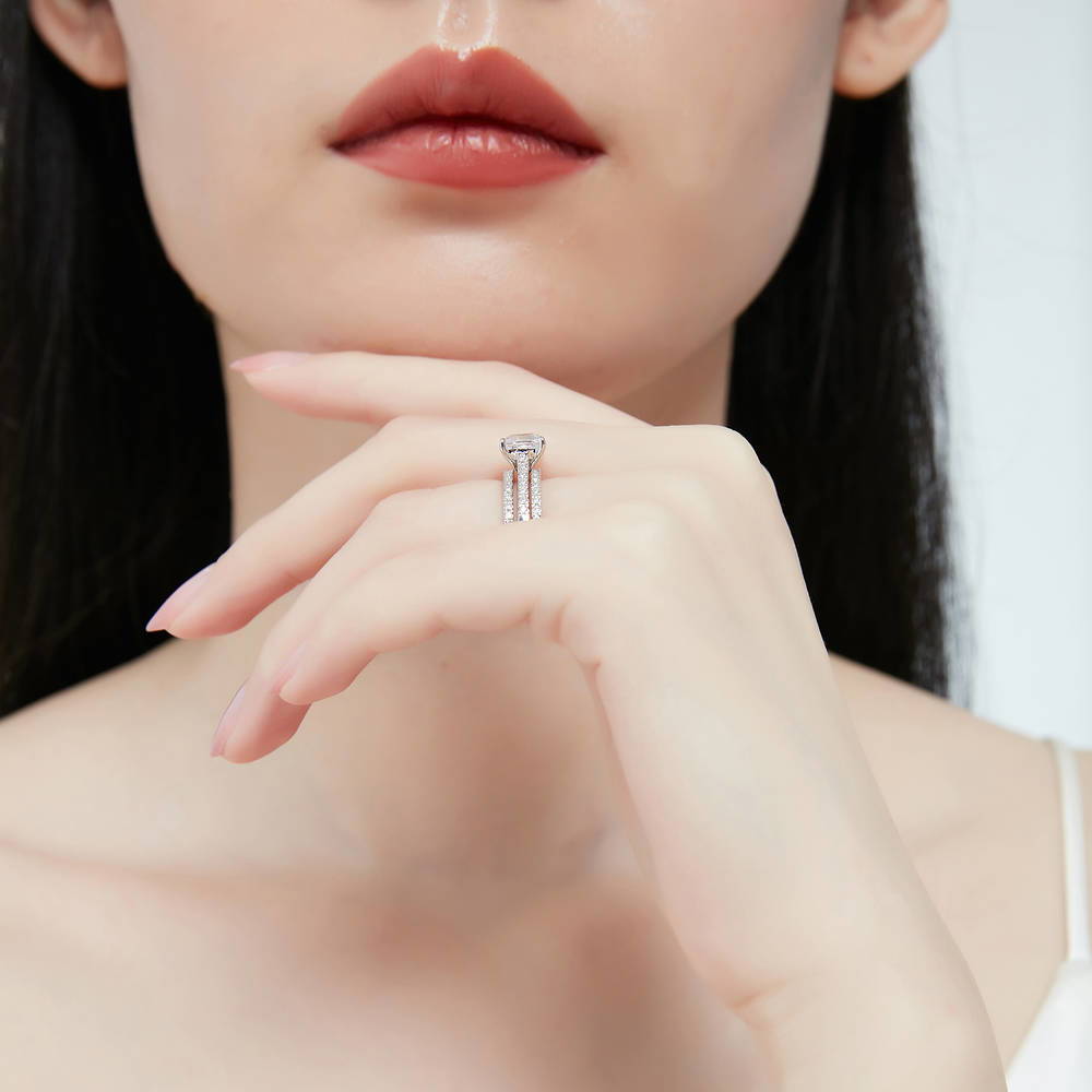 Model wearing Solitaire 2ct Cushion CZ Ring Set in Sterling Silver, 6 of 14