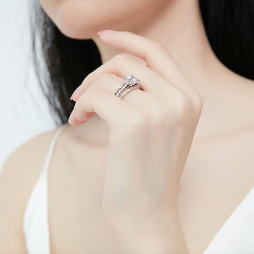 Model wearing Solitaire 2ct Cushion CZ Ring Set in Sterling Silver