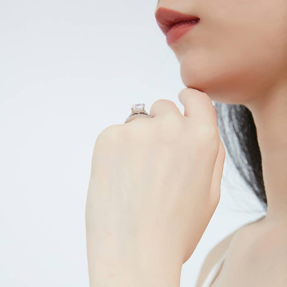 Model wearing Solitaire 2ct Cushion CZ Ring Set in Sterling Silver