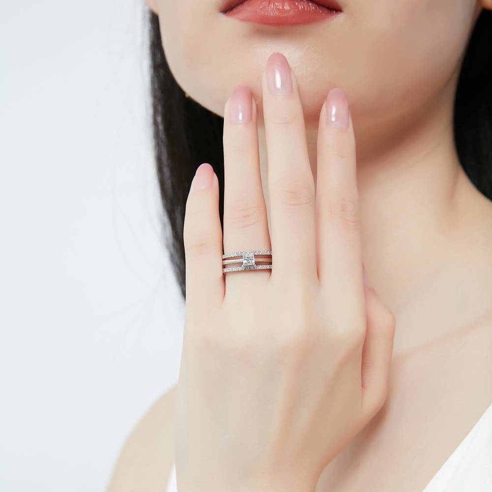 Model wearing Solitaire 0.4ct Princess CZ Ring Set in Sterling Silver