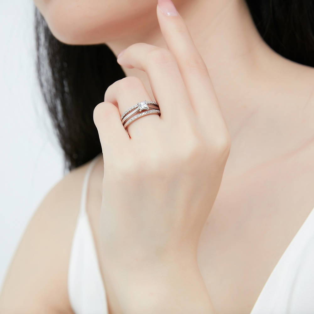 Model wearing Solitaire 0.4ct Princess CZ Ring Set in Sterling Silver, 3 of 14