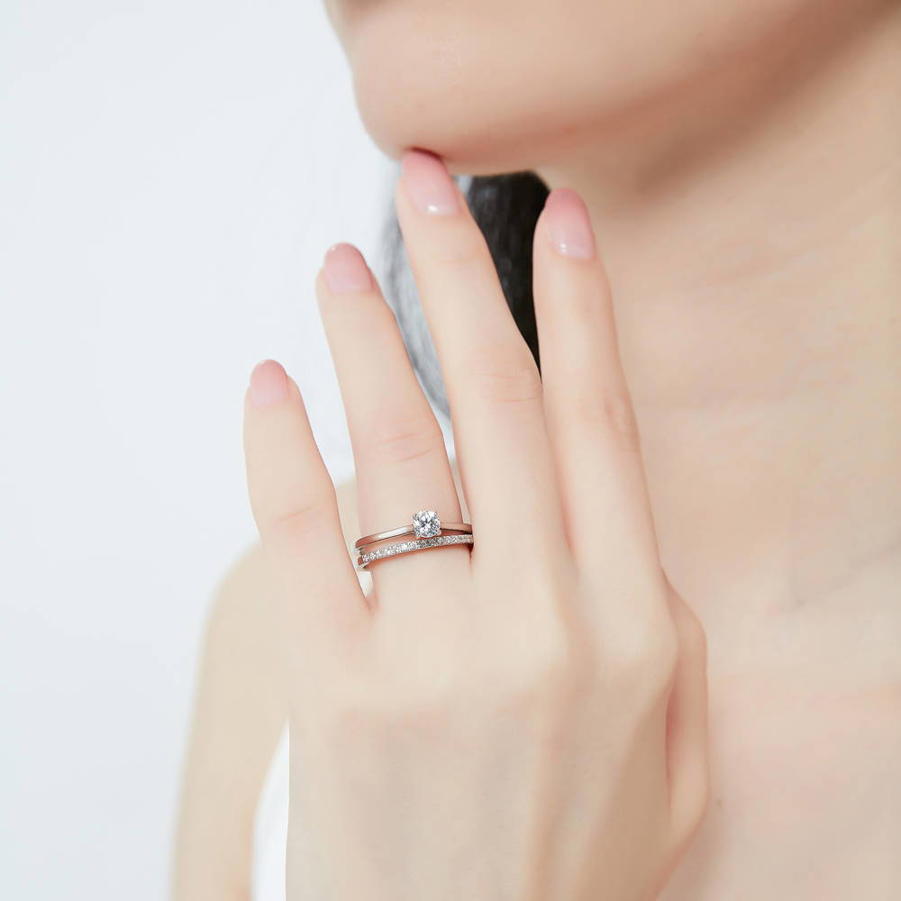 Model wearing Solitaire 0.35ct Round CZ Ring Set in Sterling Silver, 2 of 13
