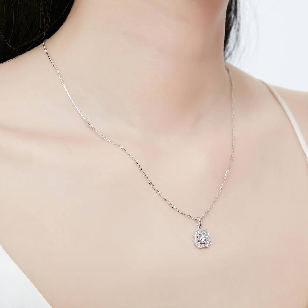 Model wearing Art Deco CZ Pendant Necklace in Sterling Silver