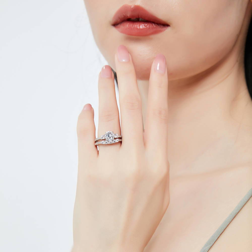 Model wearing 3-Stone Round CZ Ring Set in Sterling Silver