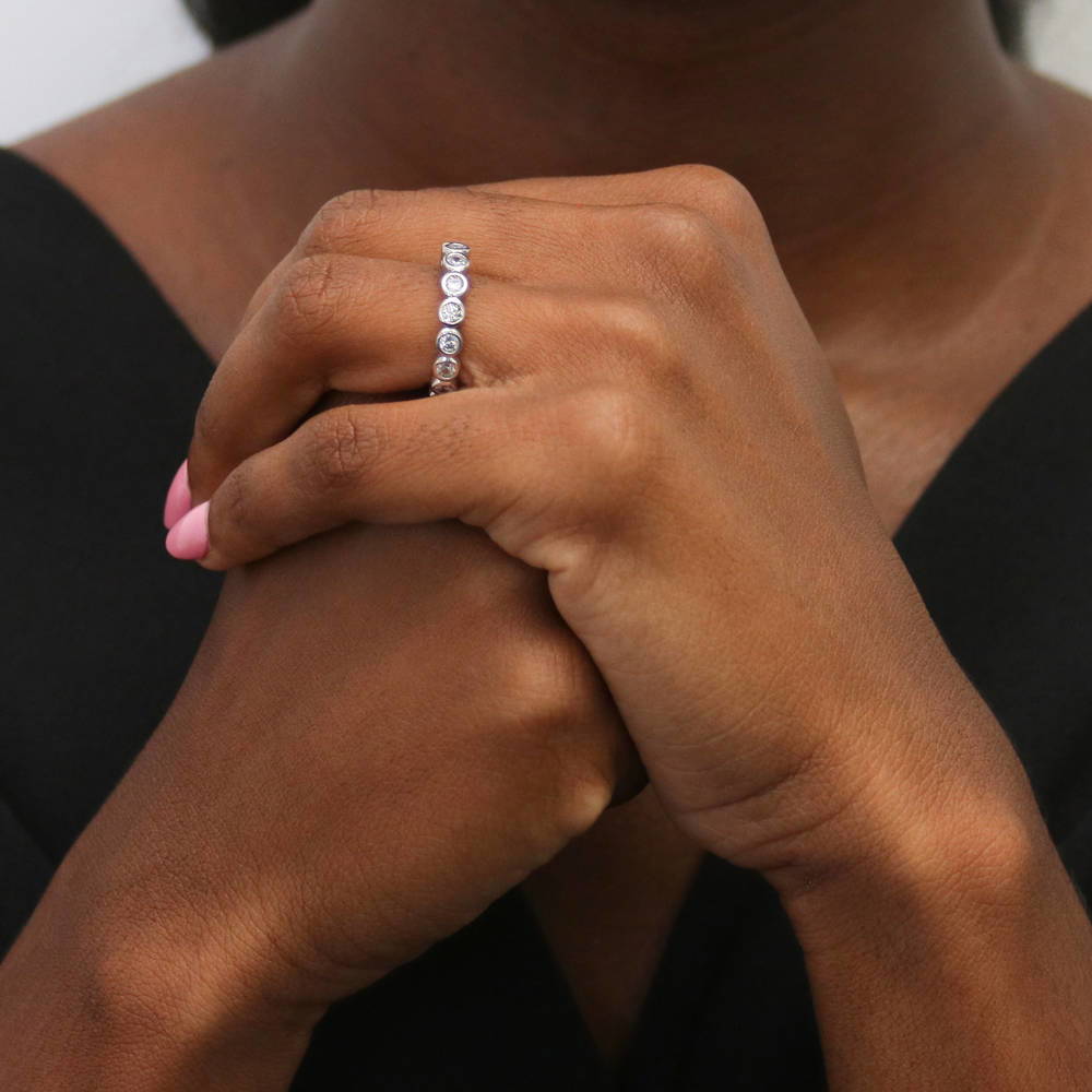 Model wearing Bubble Bezel Set CZ Eternity Ring in Sterling Silver