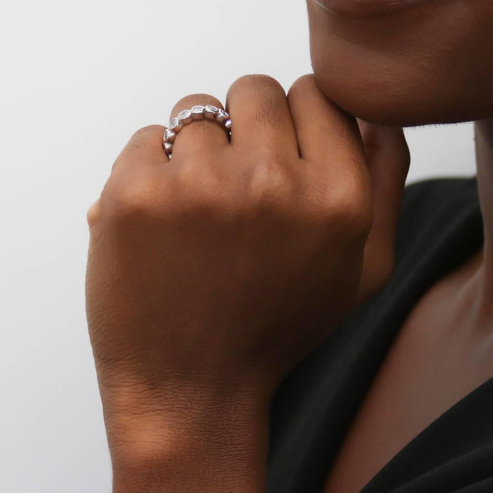 Model wearing Bubble Bezel Set CZ Eternity Ring in Sterling Silver