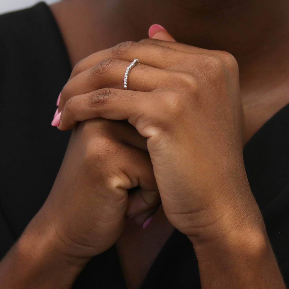 Model wearing Wishbone CZ Curved Half Eternity Ring in Sterling Silver