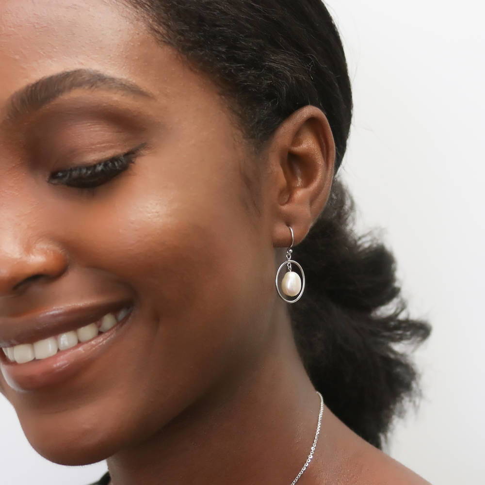Open Circle White Baroque Cultured Pearl Earrings in Sterling Silver