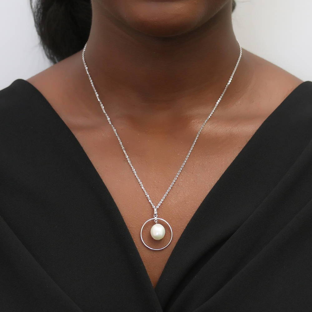 Open Circle White Baroque Cultured Pearl Necklace in Sterling Silver