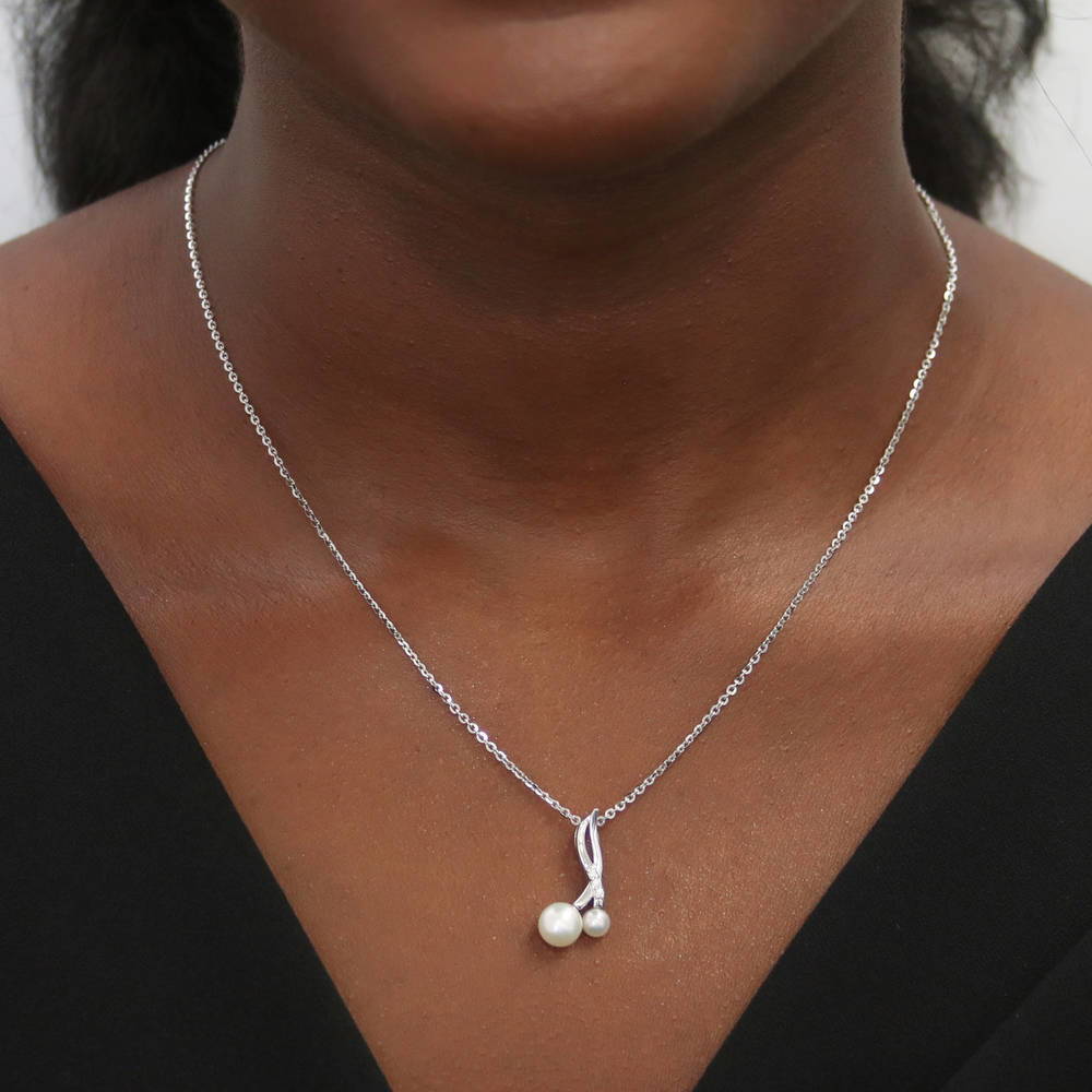 Infinity White Button Cultured Pearl Necklace in Sterling Silver