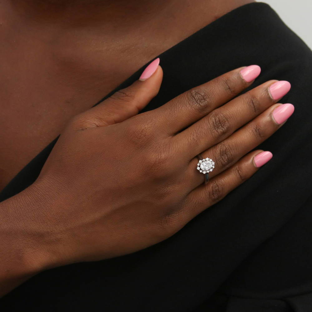 Halo Art Deco Oval CZ Ring in Sterling Silver