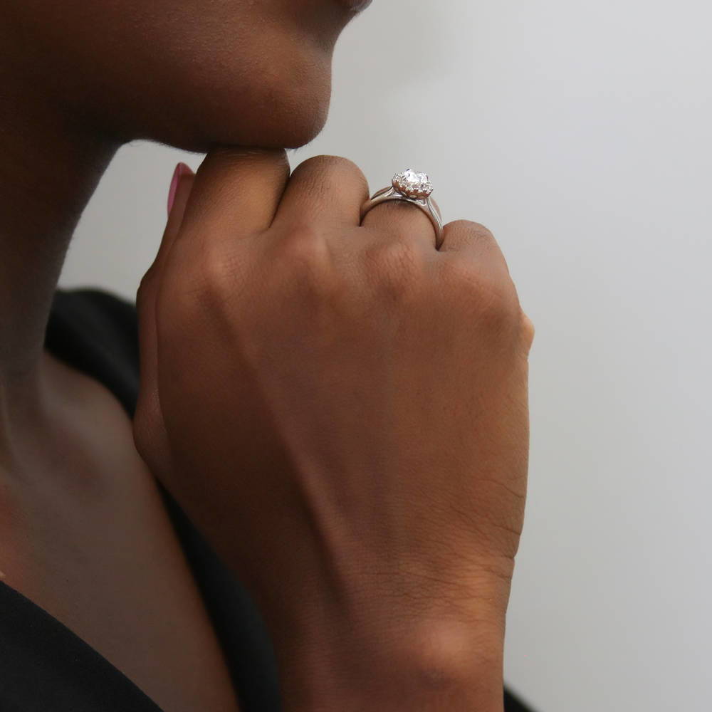 Halo Art Deco Oval CZ Ring in Sterling Silver