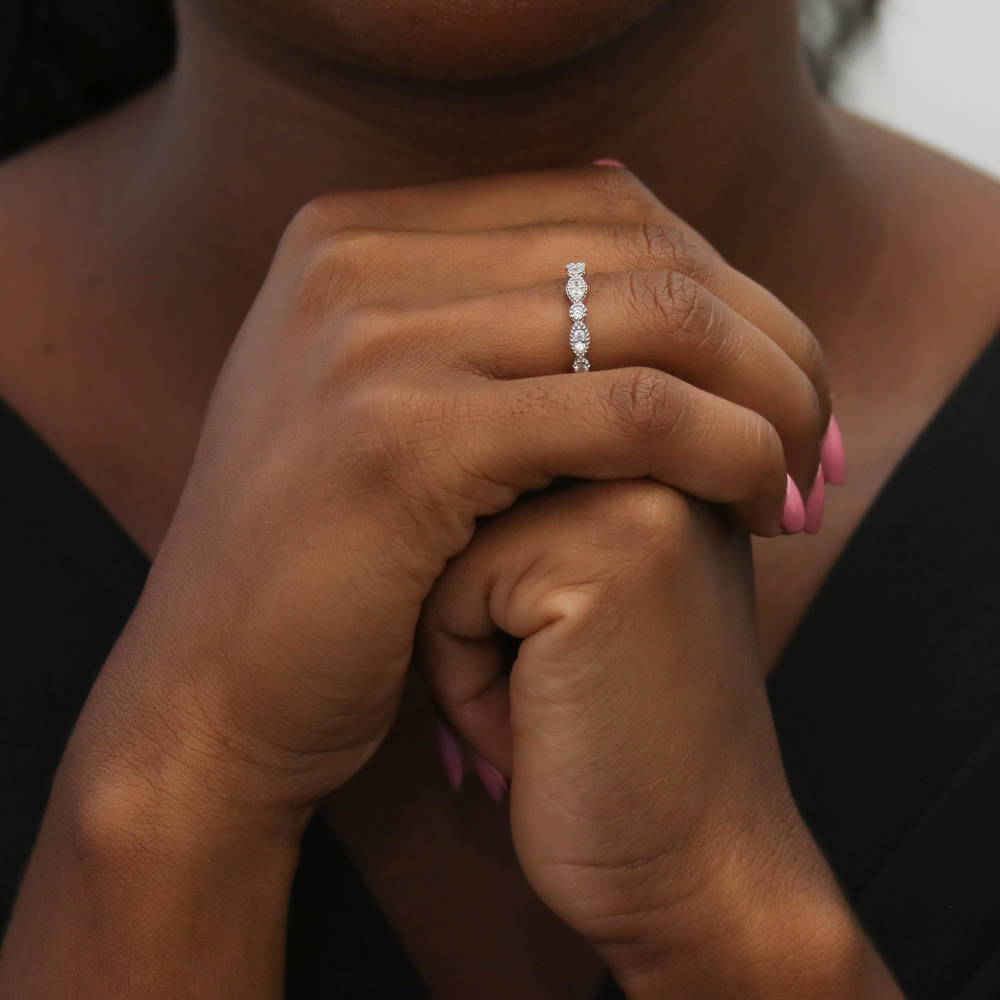 Model wearing Milgrain Art Deco Crown Set CZ Half Eternity Ring in Sterling Silver