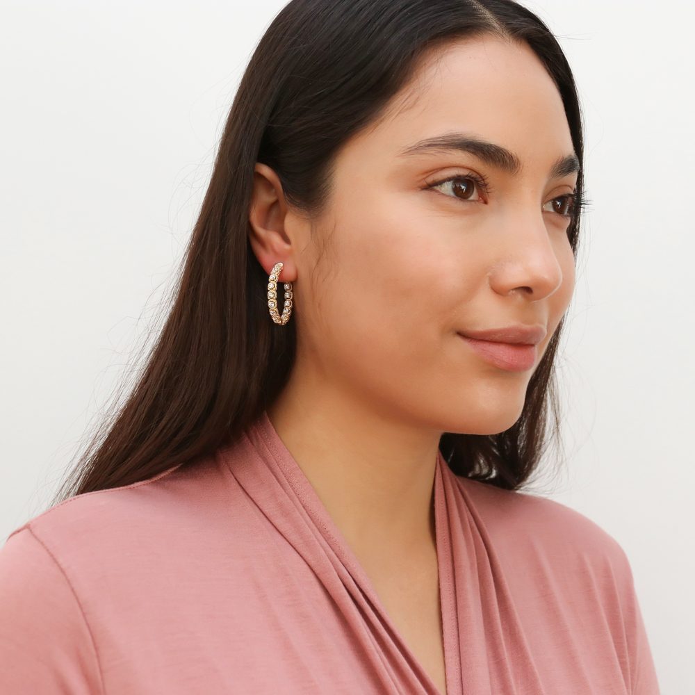 Oval CZ Medium Inside-Out Hoop Earrings in Sterling Silver 1.2"