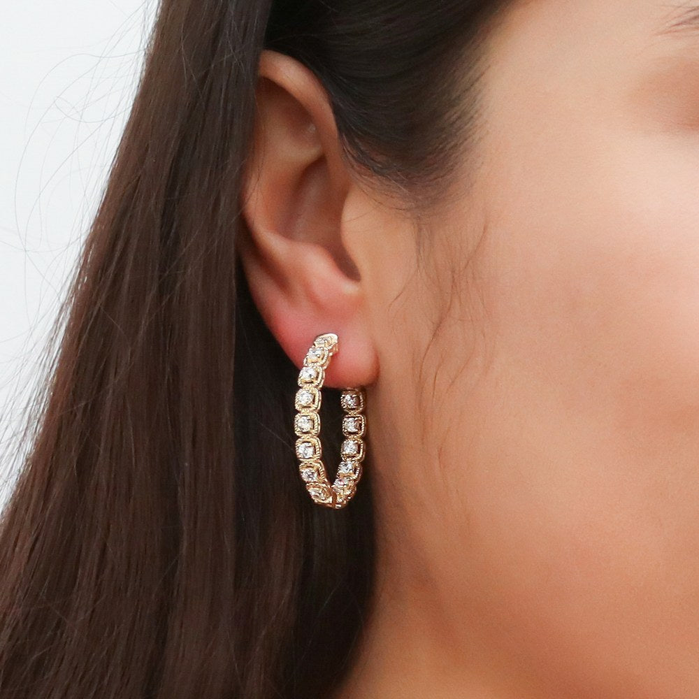 Oval CZ Medium Inside-Out Hoop Earrings in Sterling Silver 1.2"