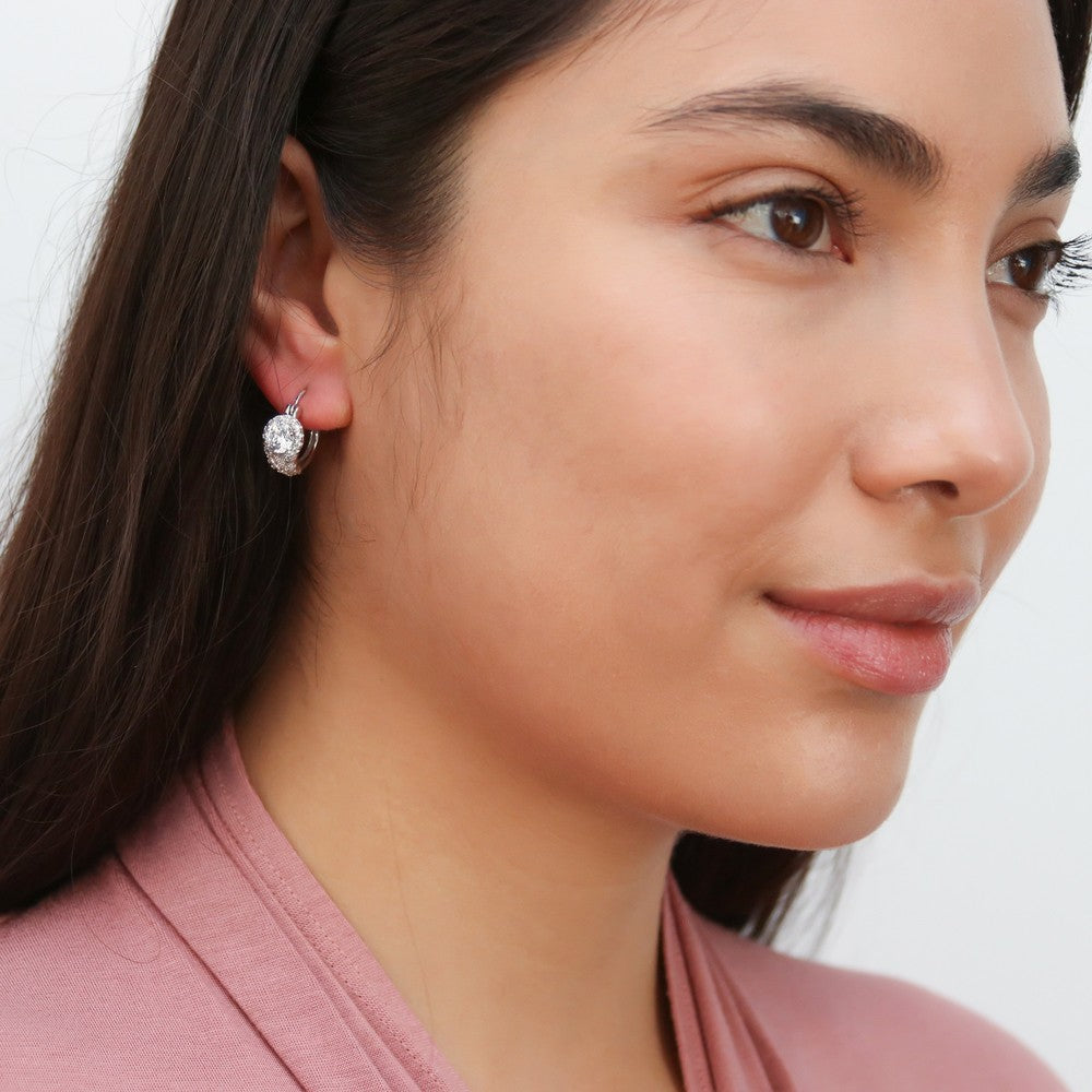 Halo Flower Round CZ Medium Hoop Earrings in Sterling Silver 0.7"