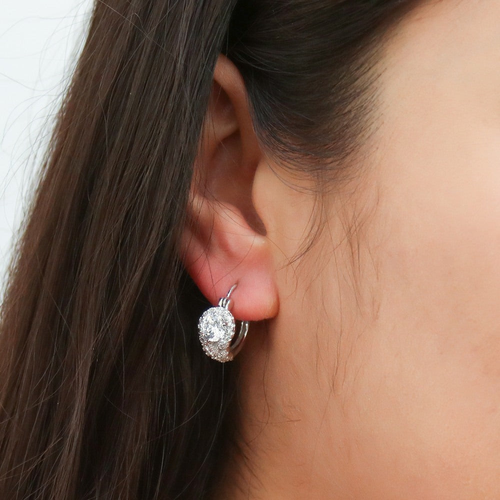 Halo Flower Round CZ Medium Hoop Earrings in Sterling Silver 0.7"