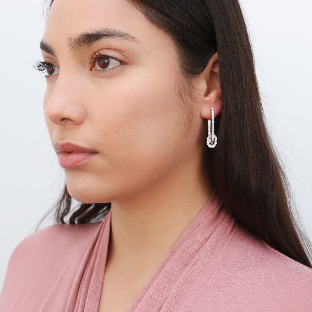 Rectangle CZ Inside-Out Hoop Earrings in Sterling Silver 1.3"