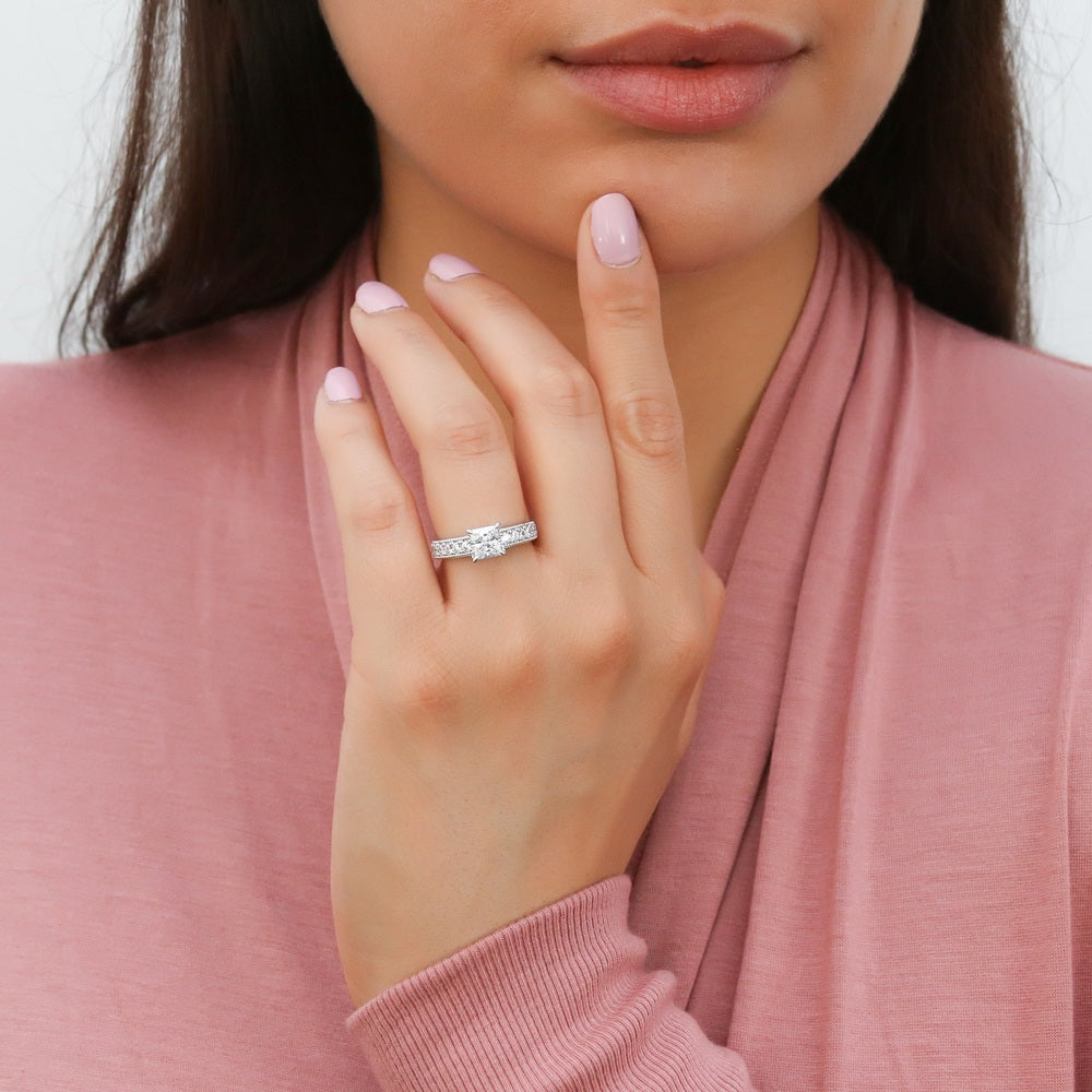 Model wearing Solitaire Milgrain 1.2ct Princess CZ Ring in Sterling Silver