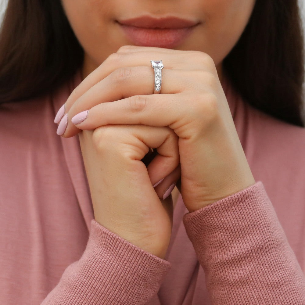 Model wearing Solitaire Milgrain 1.2ct Princess CZ Ring in Sterling Silver