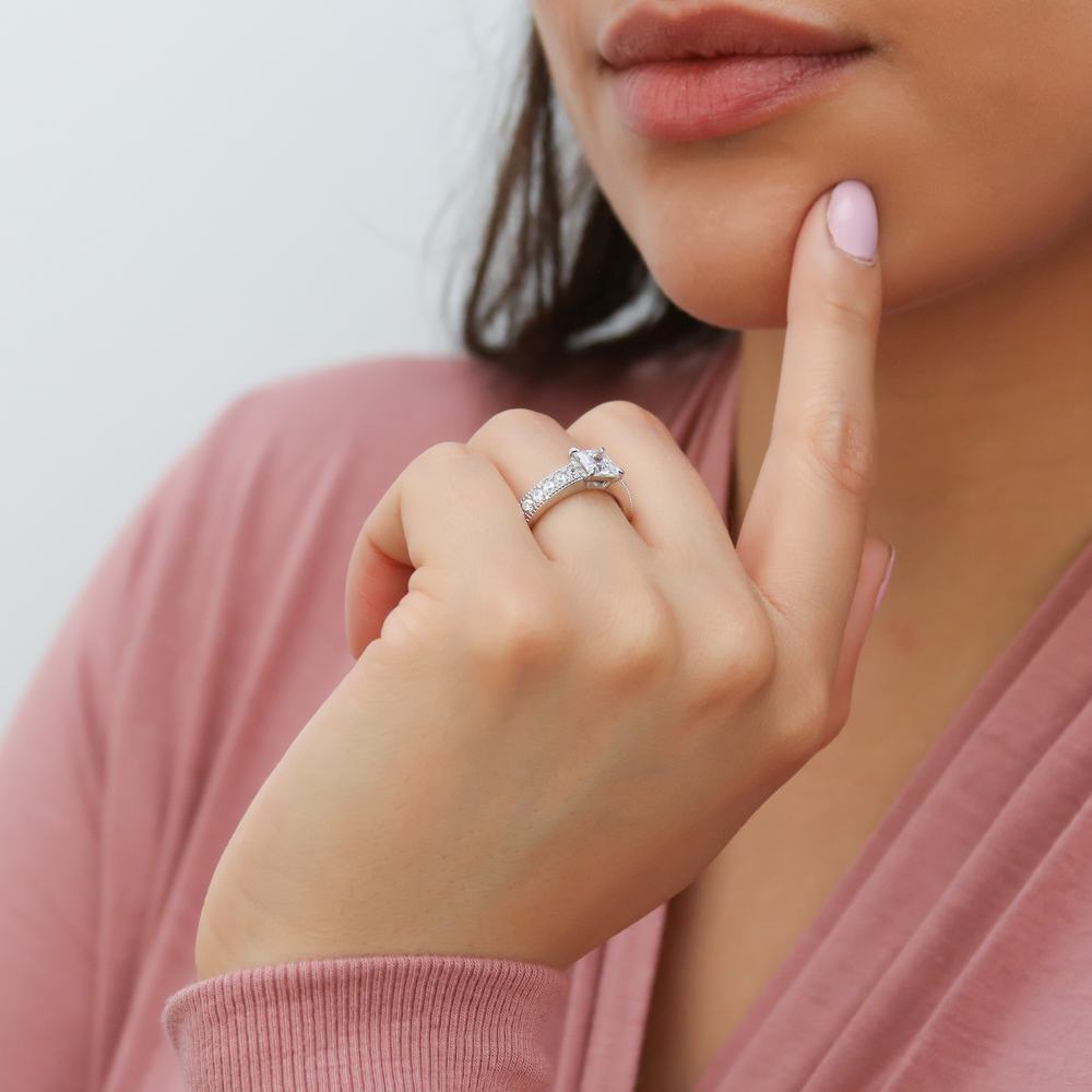 Model wearing Solitaire Milgrain 1.2ct Princess CZ Ring in Sterling Silver