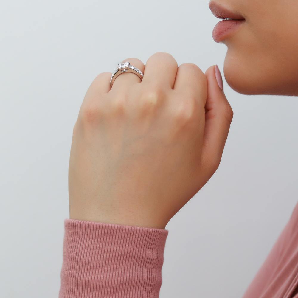 Model wearing Solitaire Milgrain 1.2ct Princess CZ Ring in Sterling Silver