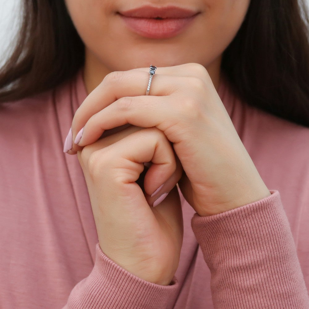 Model wearing 3-Stone Round CZ Ring in Sterling Silver