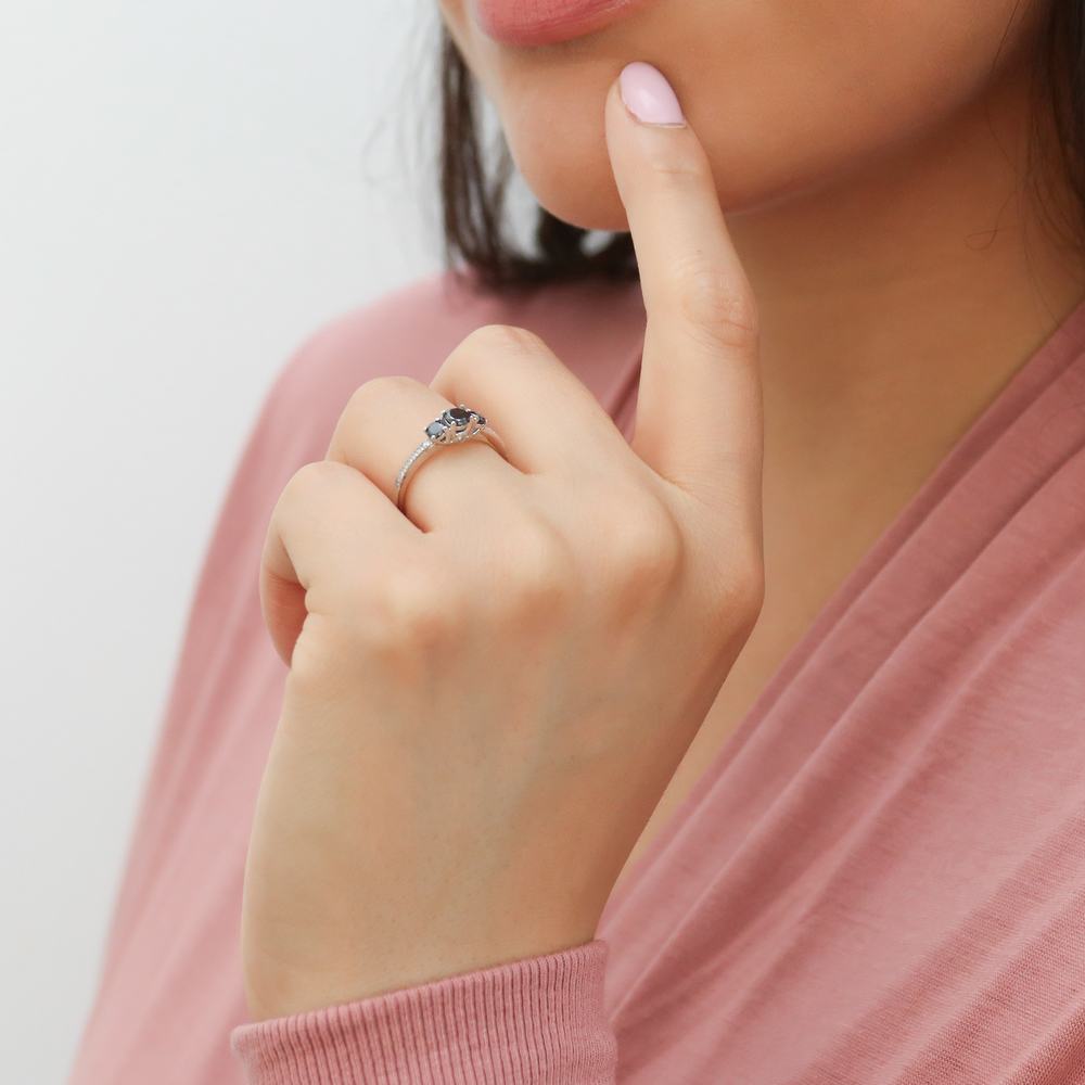 Model wearing 3-Stone Round CZ Ring in Sterling Silver, 6 of 11