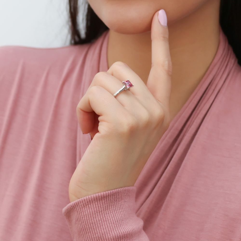 Model wearing Solitaire Red Princess CZ Ring in Sterling Silver 1.2ct