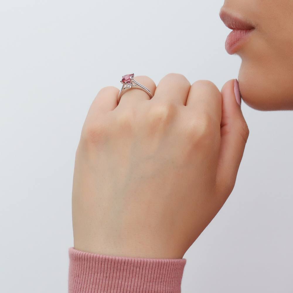 Model wearing Solitaire Red Princess CZ Ring in Sterling Silver 1.2ct