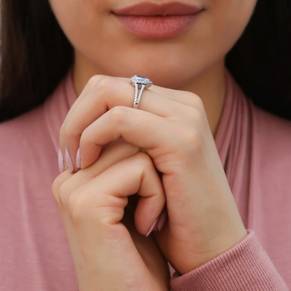 Halo Blue Pear CZ Split Shank Ring in Sterling Silver