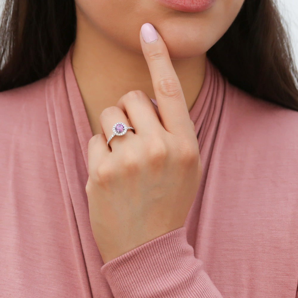 Model wearing Halo Purple Round CZ Ring Set in Sterling Silver