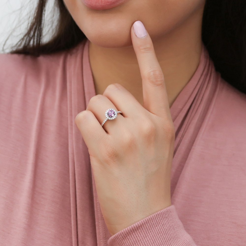 Model wearing Halo Purple Round CZ Ring Set in Sterling Silver, 9 of 16