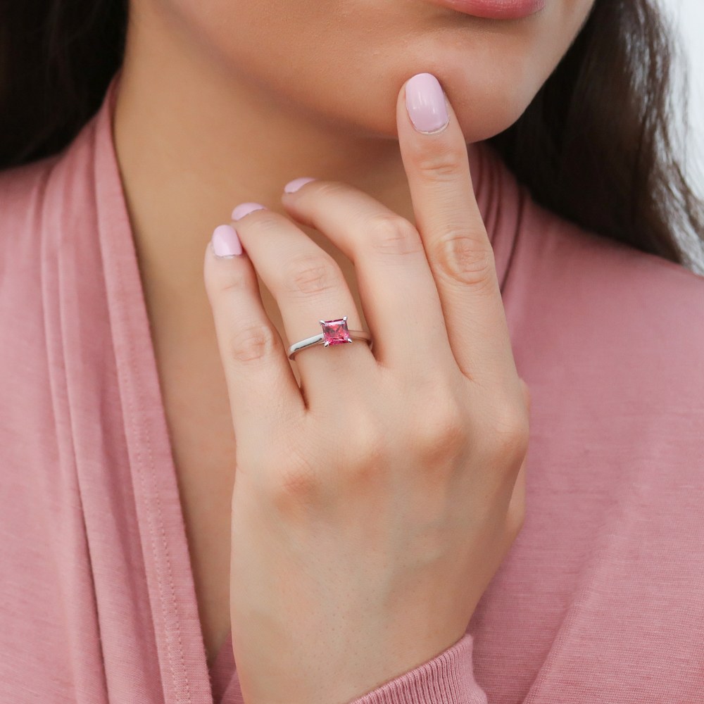 Model wearing Solitaire Red Princess CZ Ring in Sterling Silver 1.2ct