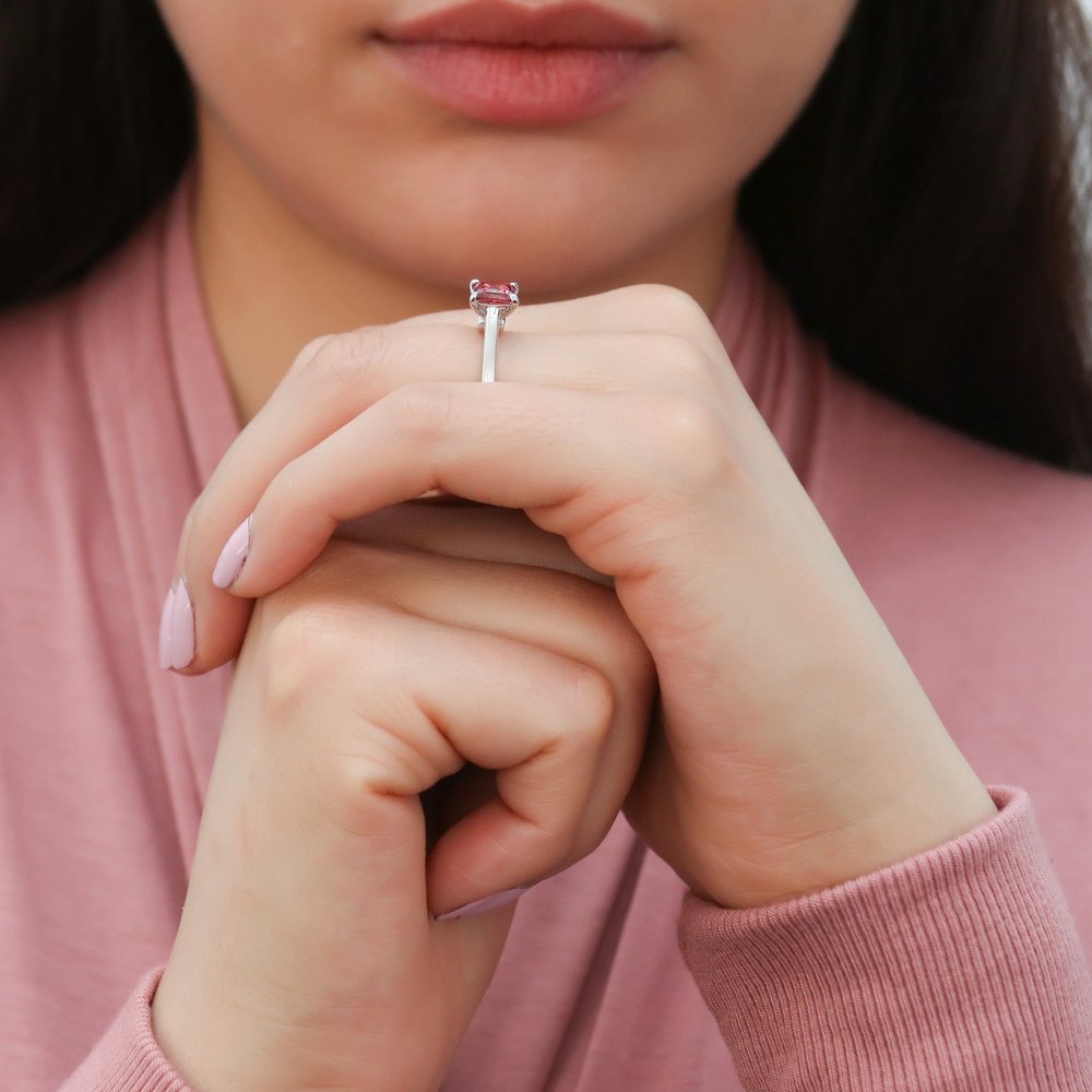 Model wearing Solitaire Red Princess CZ Ring in Sterling Silver 1.2ct