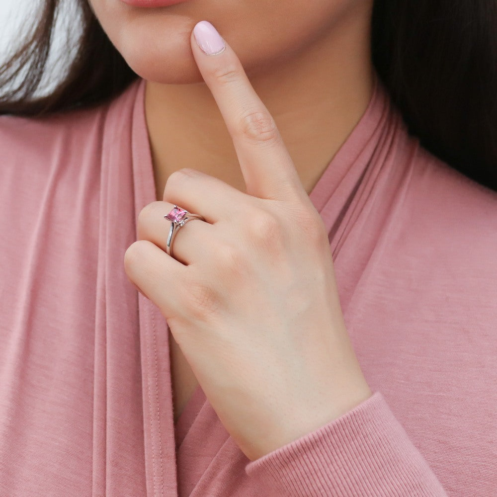 Model wearing Solitaire Red Princess CZ Ring in Sterling Silver 1.2ct