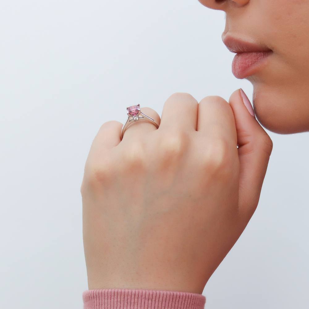 Model wearing Solitaire Red Princess CZ Ring in Sterling Silver 1.2ct