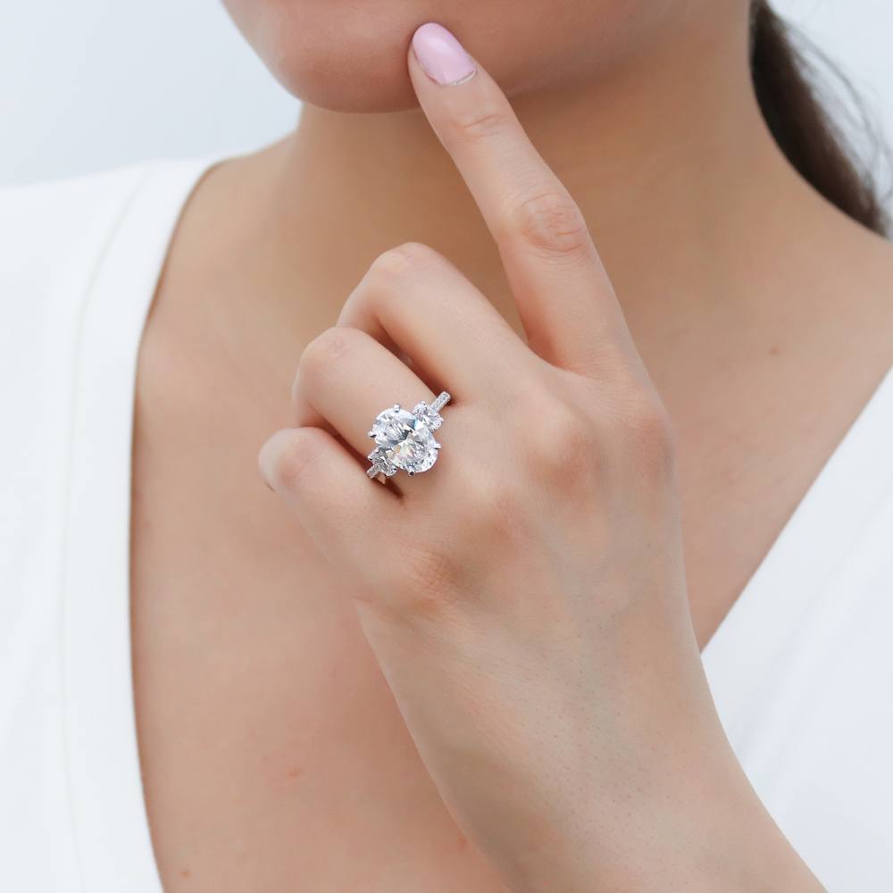 Model wearing 3-Stone Oval CZ Statement Ring in Sterling Silver, 7 of 12