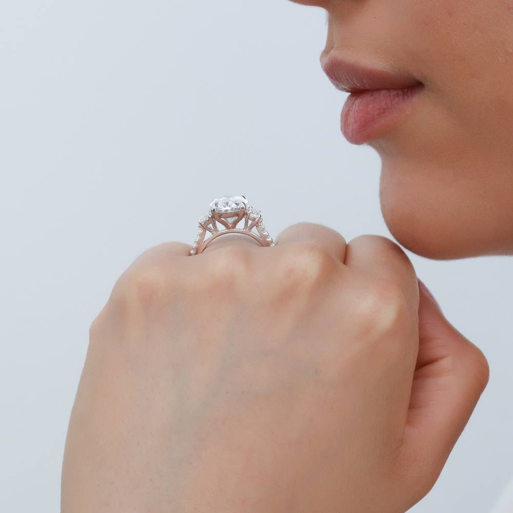 Model wearing 3-Stone Oval CZ Statement Ring in Sterling Silver