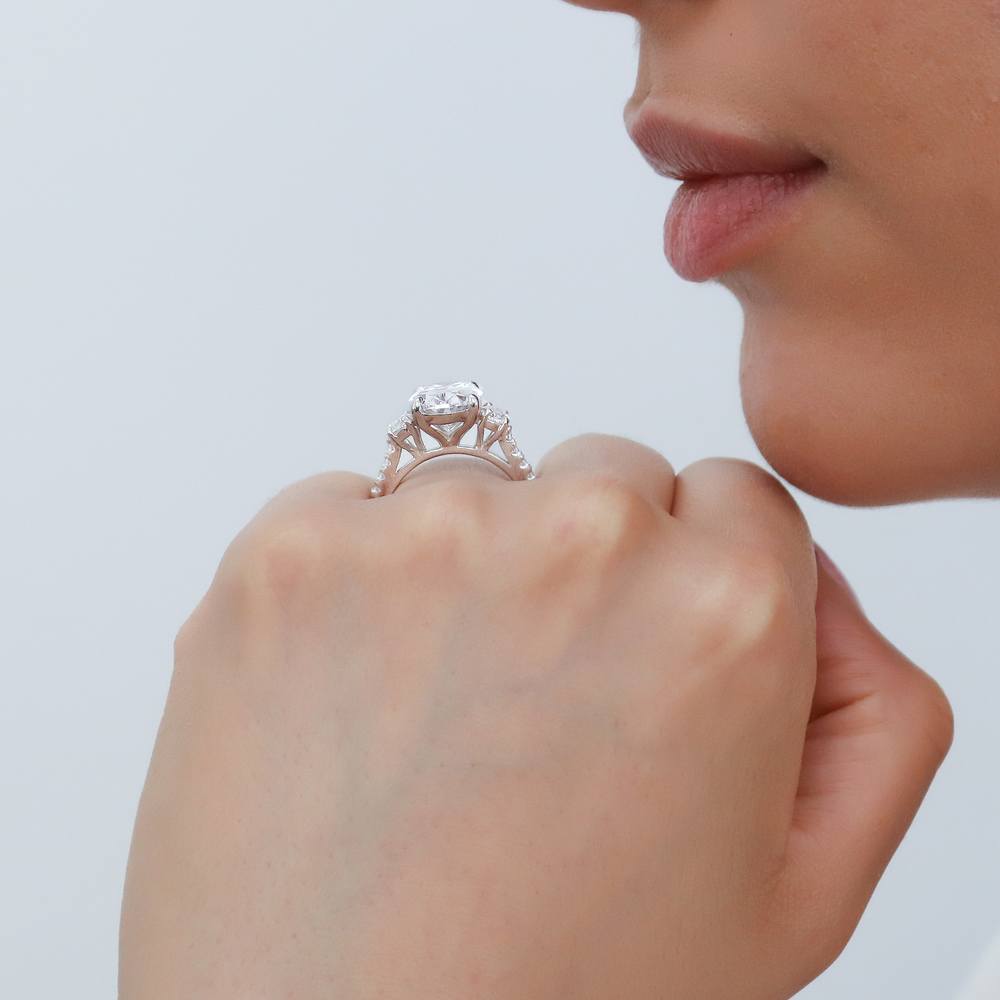 Model wearing 3-Stone Oval CZ Statement Ring in Sterling Silver, 6 of 12