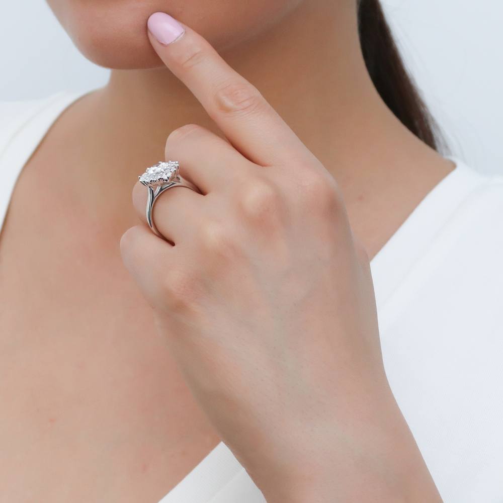 Model wearing Halo Pear CZ Statement Ring in Sterling Silver, 11 of 13
