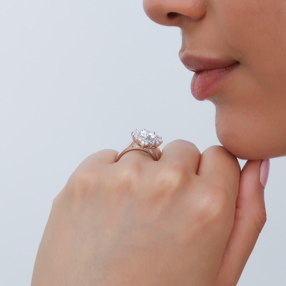 Model wearing Halo Pear CZ Statement Ring in Sterling Silver, 10 of 13
