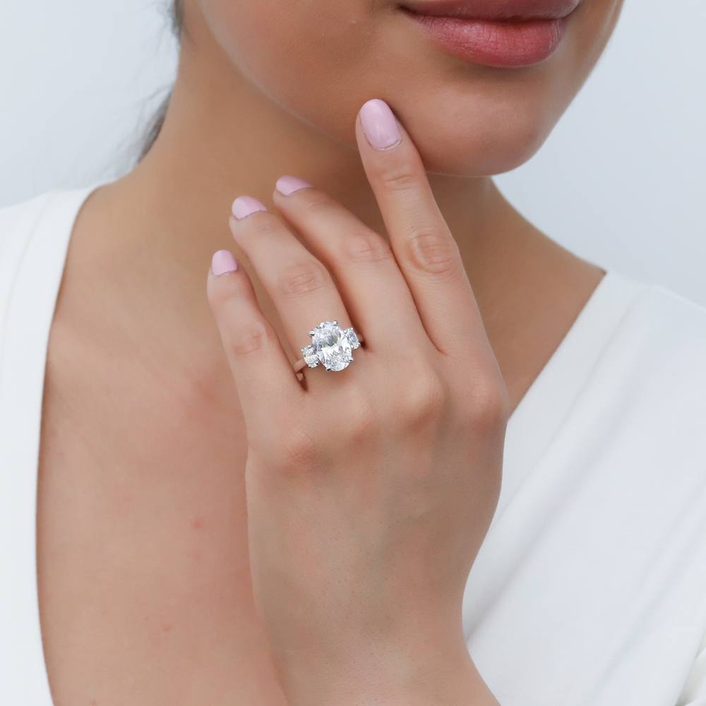 Model wearing 3-Stone Oval CZ Ring Set in Sterling Silver, 11 of 19