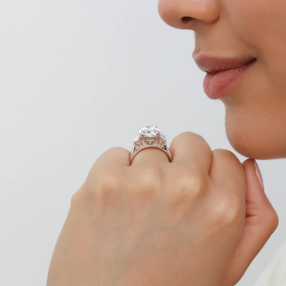 Model wearing 3-Stone Oval CZ Ring Set in Sterling Silver, 14 of 19