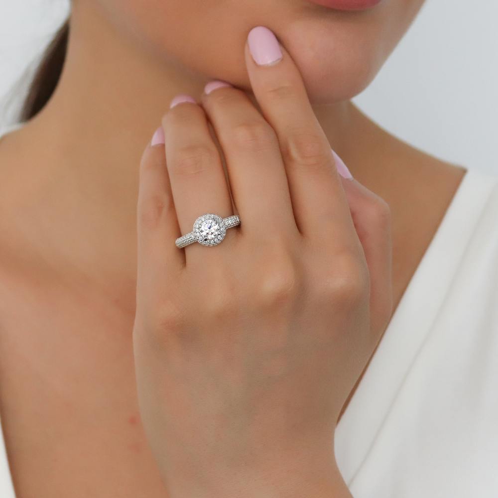 Model wearing Halo Round CZ Ring Set in Sterling Silver, 9 of 14