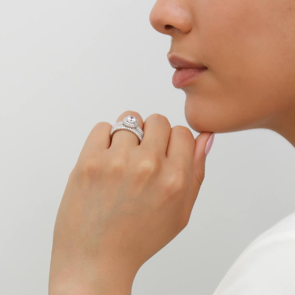 Model wearing Halo Round CZ Ring Set in Sterling Silver